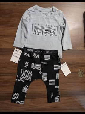 Tiny Tribe Kids Matching Set - Light Blue Top & Black Patterned Pants